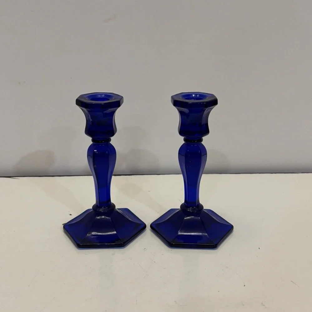 2 Candle Holders COBALT Blue Glass Hexagon Base